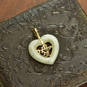 Vintage Chinese 14K Gold Jade Heart Pendant, Heart Shaped Chinese Symbol Love Pendant, Polished Nephrite Jade, Hinged Gold Bail, 1 1/2" L