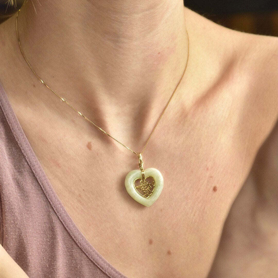 Vintage Chinese 14K Gold Jade Heart Pendant, Heart Shaped Chinese Symbol Love Pendant, Polished Nephrite Jade, Hinged Gold Bail, 1 1/2" L