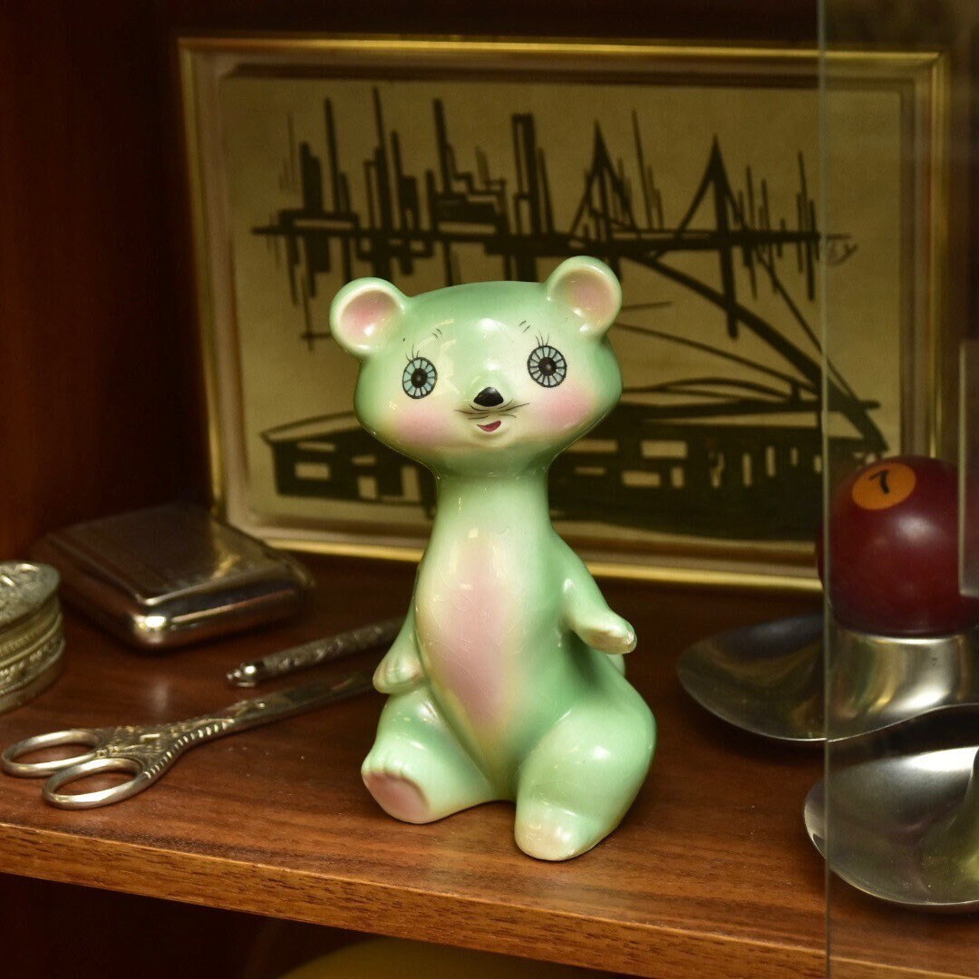 Vintage Modern Japanese Hand Panted Ceramic Green Bear Figurine Vase, Unique Home Decor, Decorative Flower Bud Vase, 6" Tall