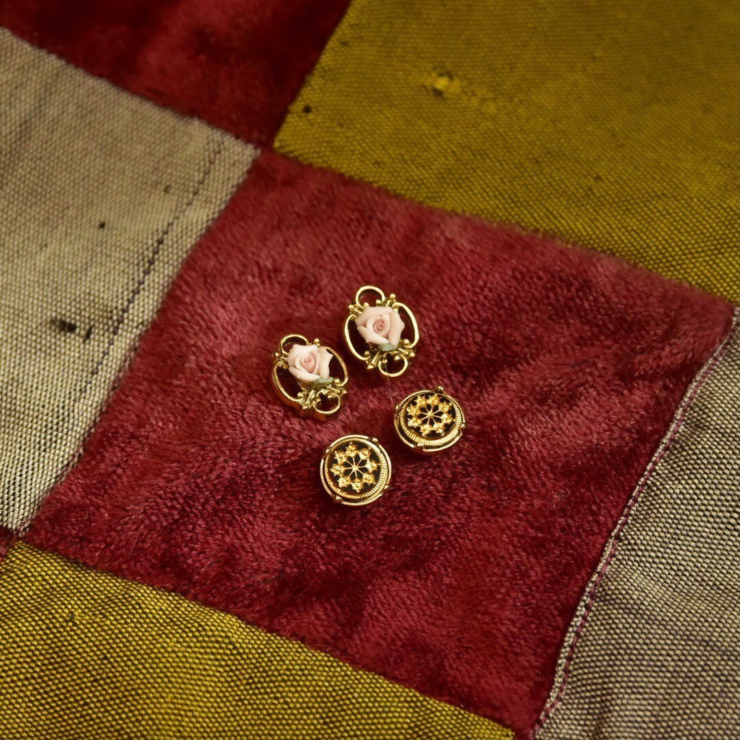 Vintage Avon Victorian Reproduction Stud Earrings, Cute Gold Tone Enamel Studs, Pink Rose, Black Medallion, Dress-Up Jewelry