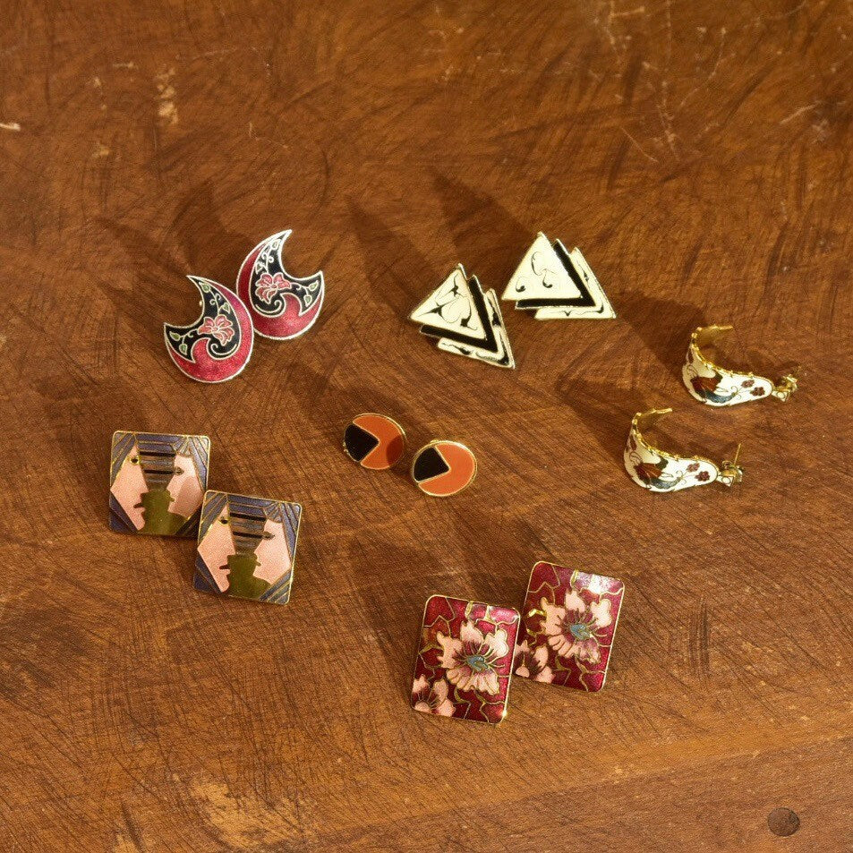 Guilloche Enamel Stud Earrings, Abstract, Floral, Geometric, Figural Designs, Modernist, Stylish Earrings