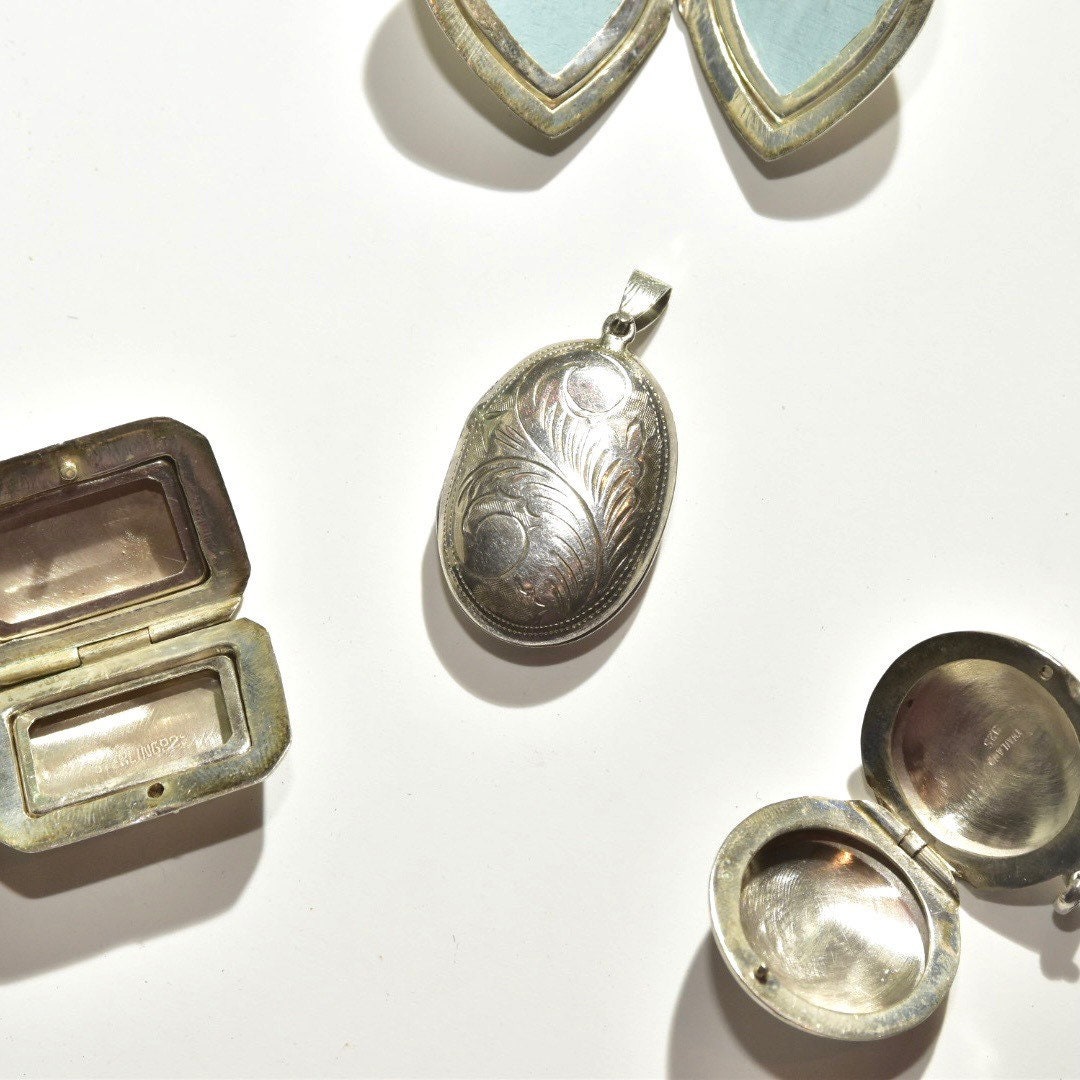 Vintage Engraved Sterling Silver Lockets, Double Sided, Intricate Etched Designs, Heart, Oval, Circle, Rectangle Lockets Pendant, 925