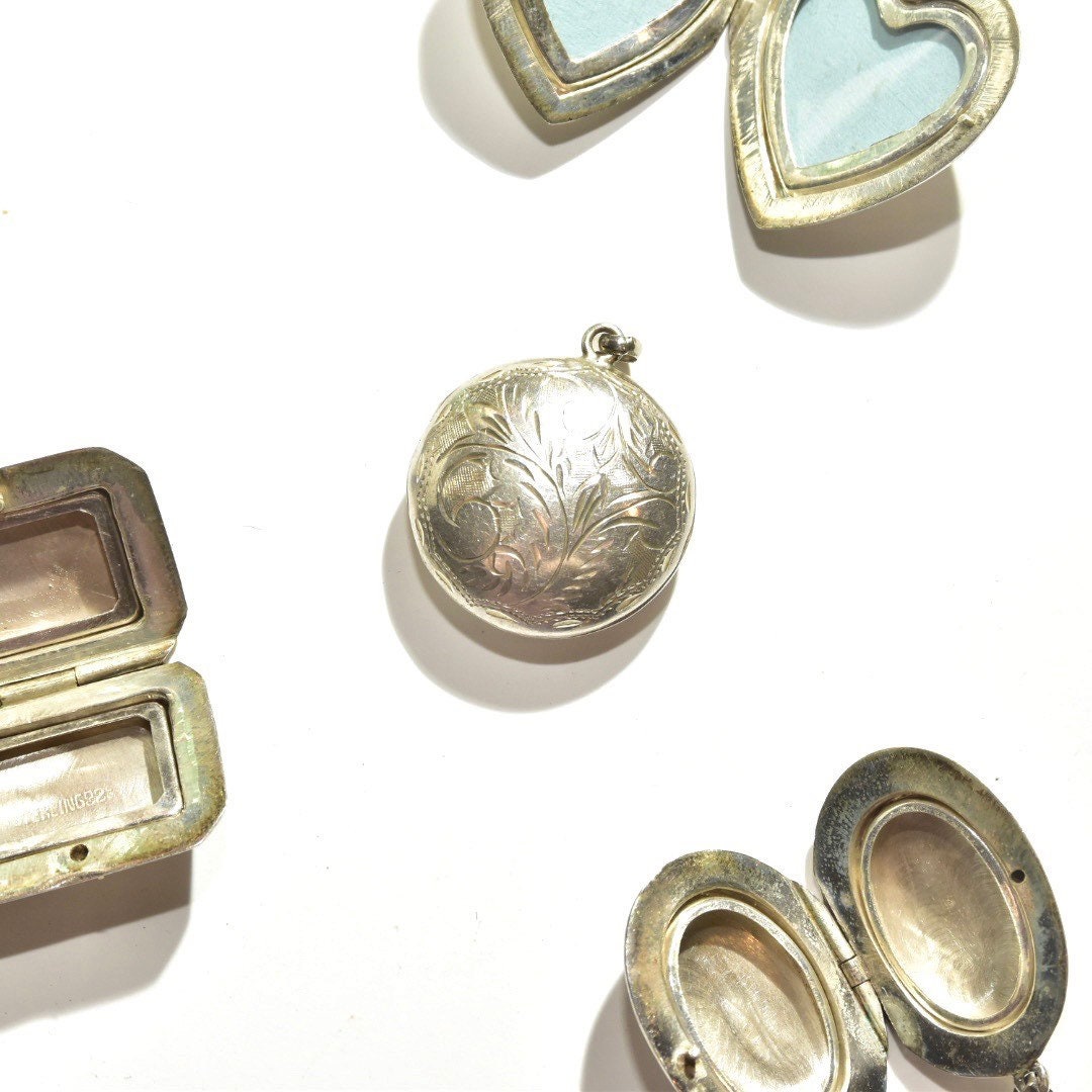 Vintage Engraved Sterling Silver Lockets, Double Sided, Intricate Etched Designs, Heart, Oval, Circle, Rectangle Lockets Pendant, 925