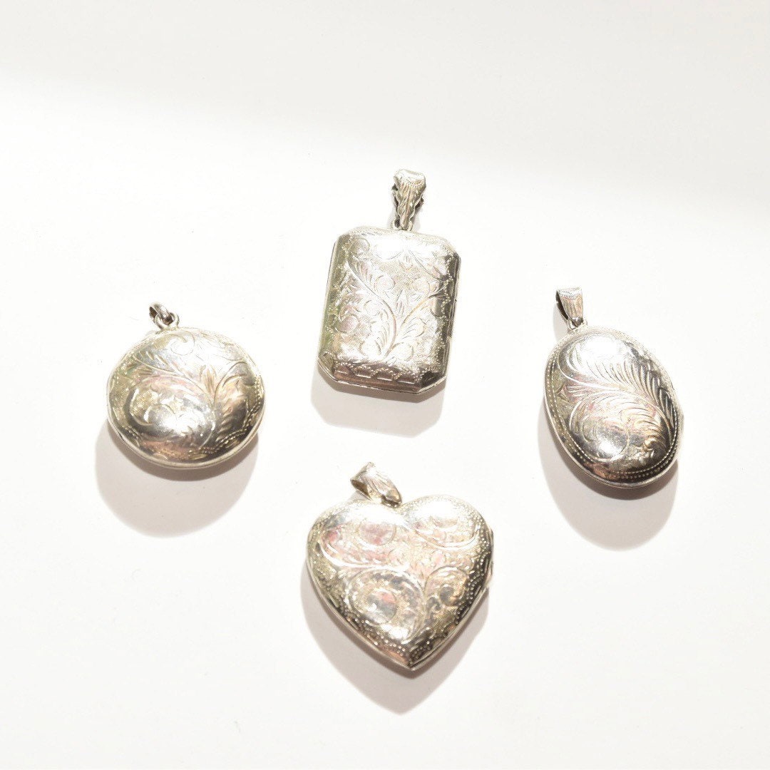 Vintage Engraved Sterling Silver Lockets, Double Sided, Intricate Etched Designs, Heart, Oval, Circle, Rectangle Lockets Pendant, 925