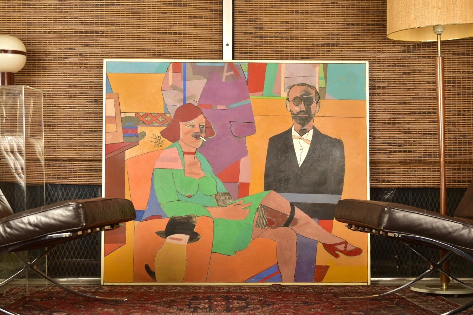 Original 1976 Richard Merkin 'The Poet Of Wickedness #2' Large Modernist Painting, Tempura On Masonite, Stylized Man & Woman, 42" x 50"