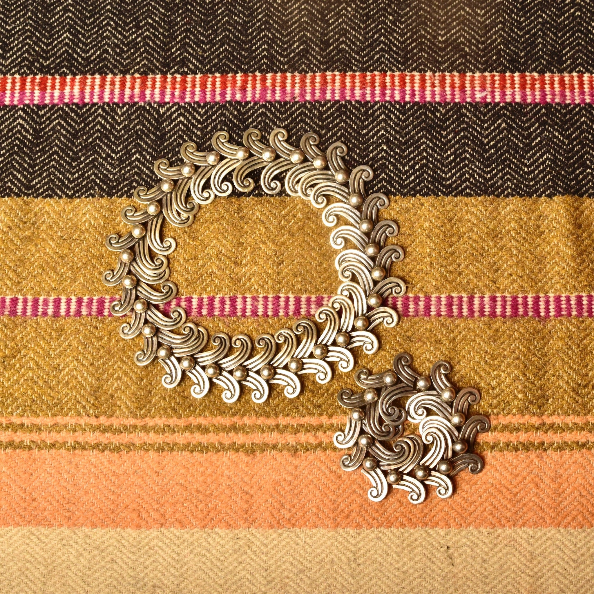Vintage MARGOT DE TAXCO Sterling Siver Necklace & Bracelet Set, Chunky Bohemian Necklace W/ Matching Bracelet, Articulated 925 Necklace