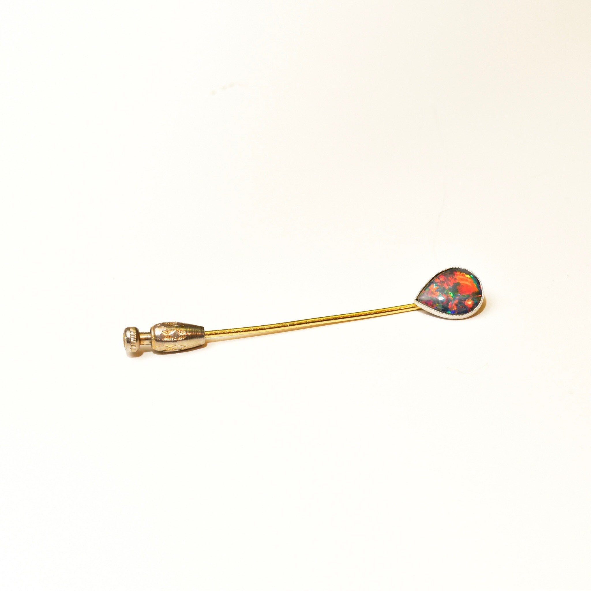 Edwardian Tiffany & Co. 18K Black Opal Stick Pin, Pear-Cut Gemstone, White Gold Setting, Yellow Gold Post, 2 3/4" L