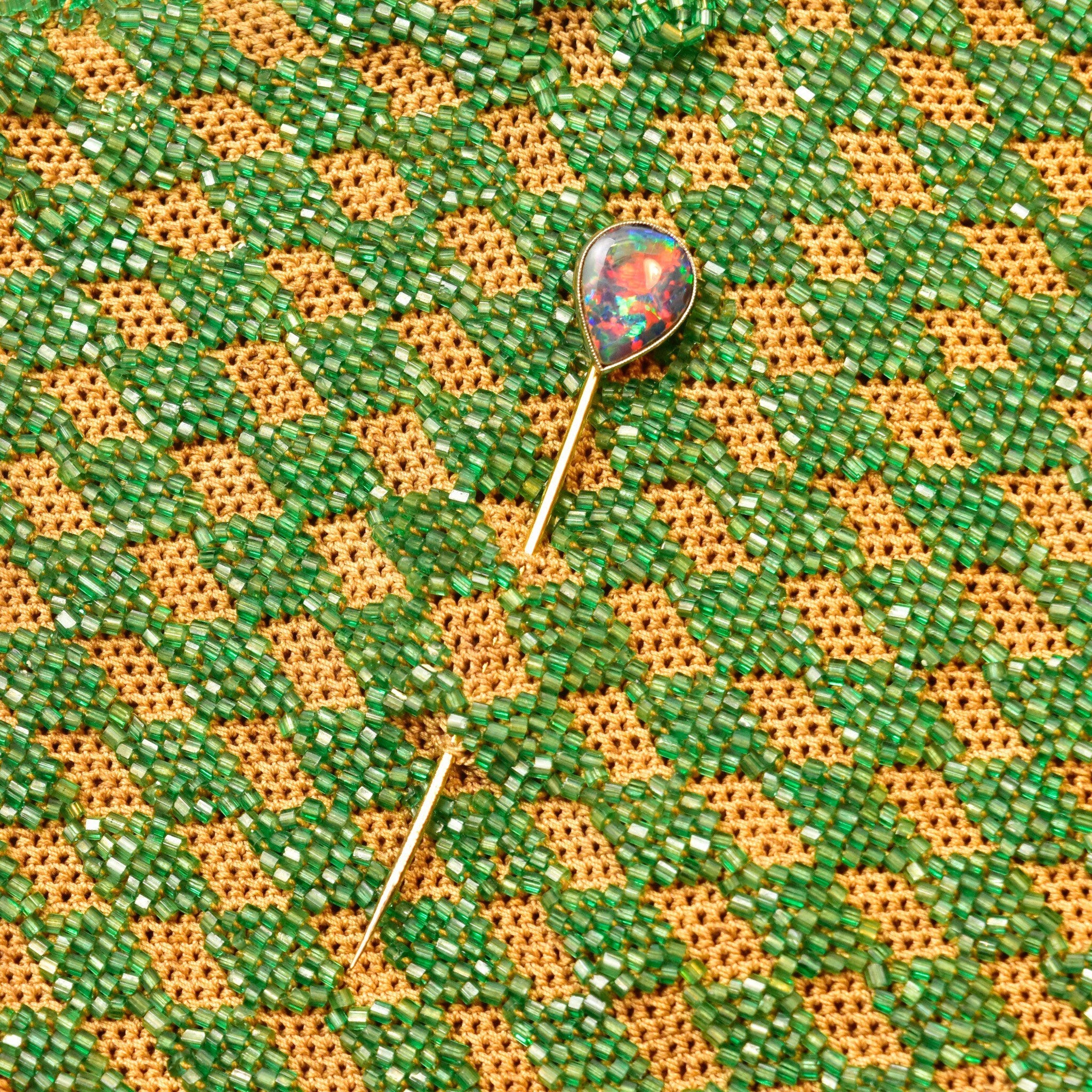 Edwardian Tiffany & Co. 18K Black Opal Stick Pin, Pear-Cut Gemstone, White Gold Setting, Yellow Gold Post, 2 3/4" L