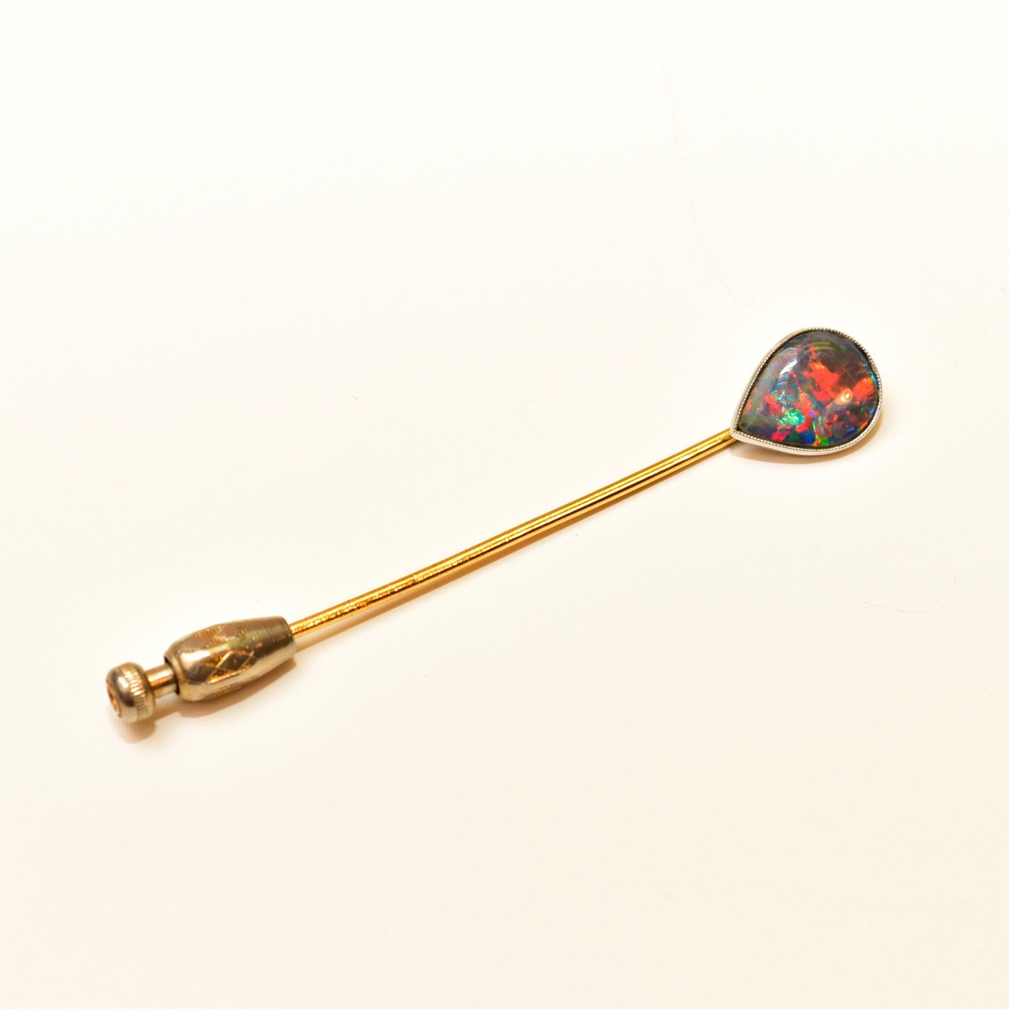 Edwardian Tiffany & Co. 18K Black Opal Stick Pin, Pear-Cut Gemstone, White Gold Setting, Yellow Gold Post, 2 3/4" L