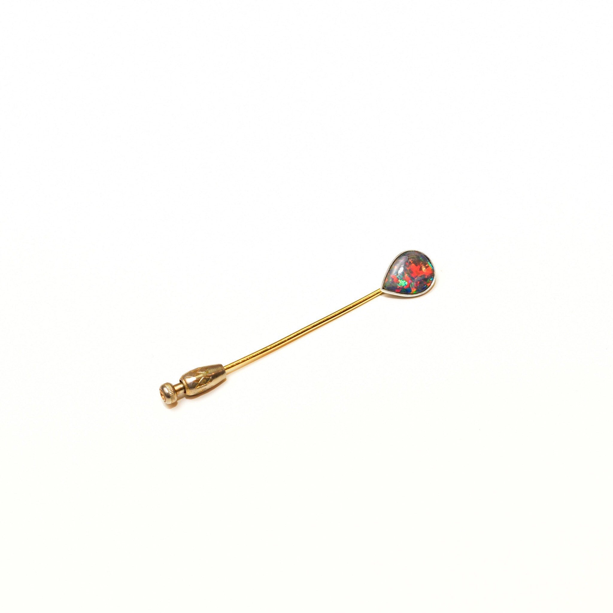 Edwardian Tiffany & Co. 18K Black Opal Stick Pin, Pear-Cut Gemstone, White Gold Setting, Yellow Gold Post, 2 3/4" L