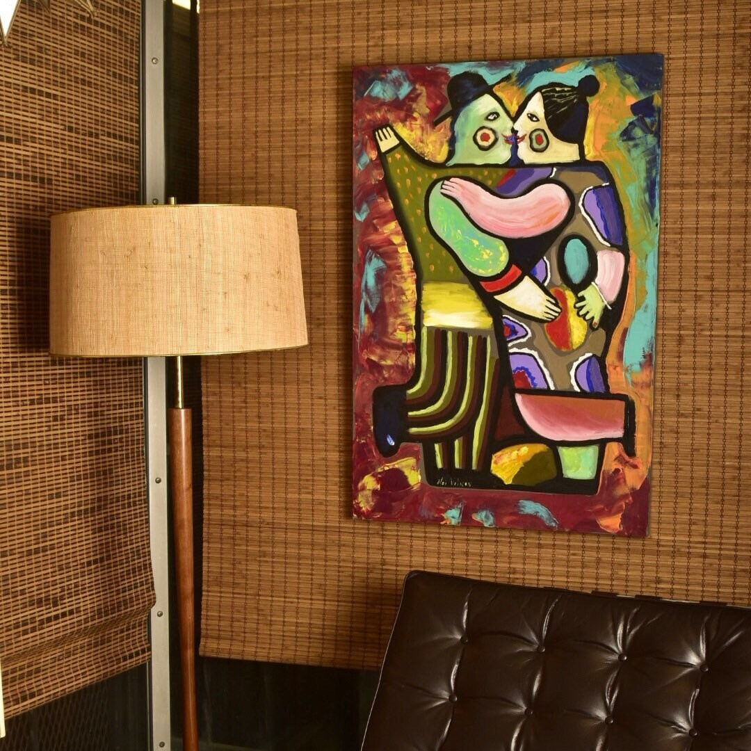Vintage Signed Noi Volkov 'The Kiss' Acrylic & Oil On Stretched Canvas, Whimsical, Colorful Abstract Modernist Painting, Unframed, 36" x 24"