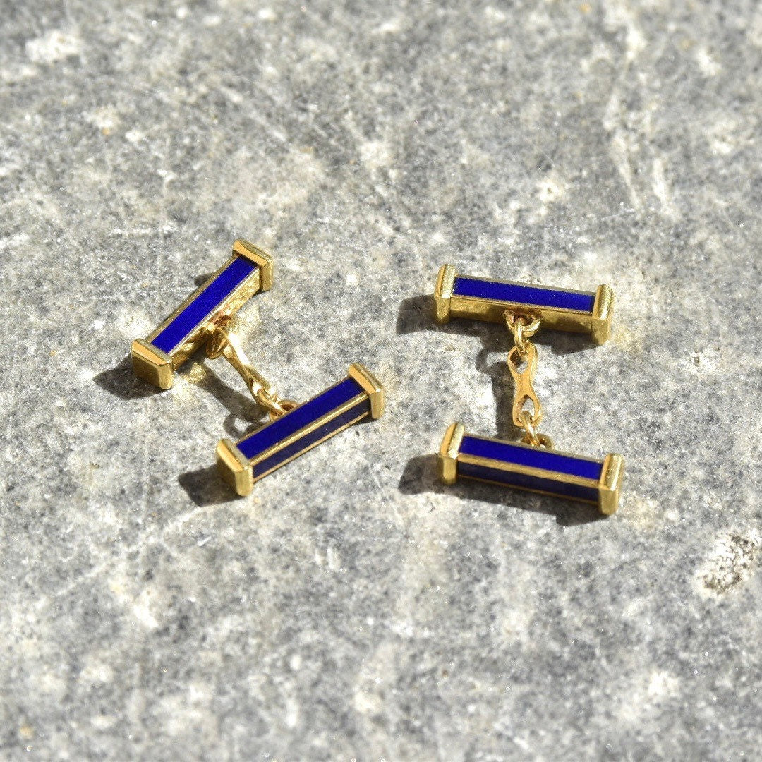 Vintage 18K Gold Blue Enamel Bar Cufflinks, Cartier Style, Royal Blue & Yellow Gold Cufflinks, Gold Link Post, Two-Sided Cufflinks