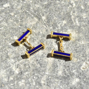 Vintage 18K Gold Blue Enamel Bar Cufflinks, Cartier Style, Royal Blue & Yellow Gold Cufflinks, Gold Link Post, Two-Sided Cufflinks