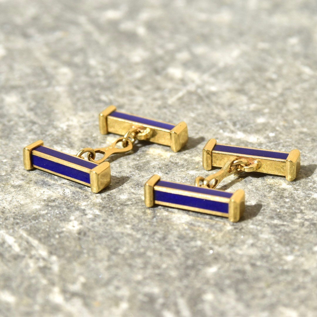 Vintage 18K Gold Blue Enamel Bar Cufflinks, Cartier Style, Royal Blue & Yellow Gold Cufflinks, Gold Link Post, Two-Sided Cufflinks