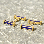 Vintage 18K Gold Blue Enamel Bar Cufflinks, Cartier Style, Royal Blue & Yellow Gold Cufflinks, Gold Link Post, Two-Sided Cufflinks
