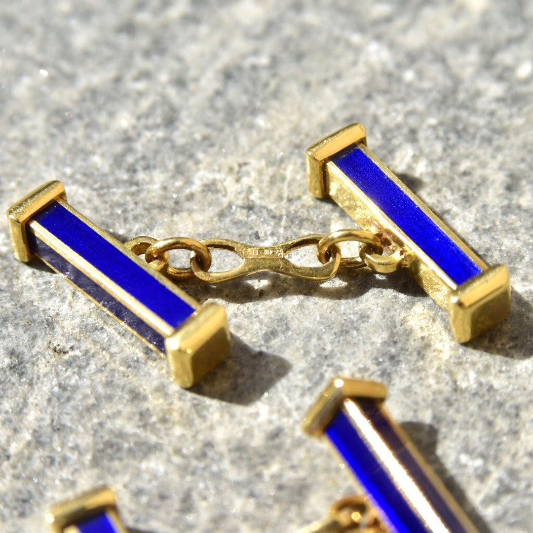 Vintage 18K Gold Blue Enamel Bar Cufflinks, Cartier Style, Royal Blue & Yellow Gold Cufflinks, Gold Link Post, Two-Sided Cufflinks