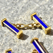 Vintage 18K Gold Blue Enamel Bar Cufflinks, Cartier Style, Royal Blue & Yellow Gold Cufflinks, Gold Link Post, Two-Sided Cufflinks