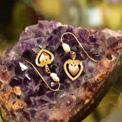 Vintage 14K Yellow & Rose Gold Heart Baroque Pearl Dangle Earrings, Dainty Gold French Hook Earrings, Engraved Doily Designs, 1 1/8" L