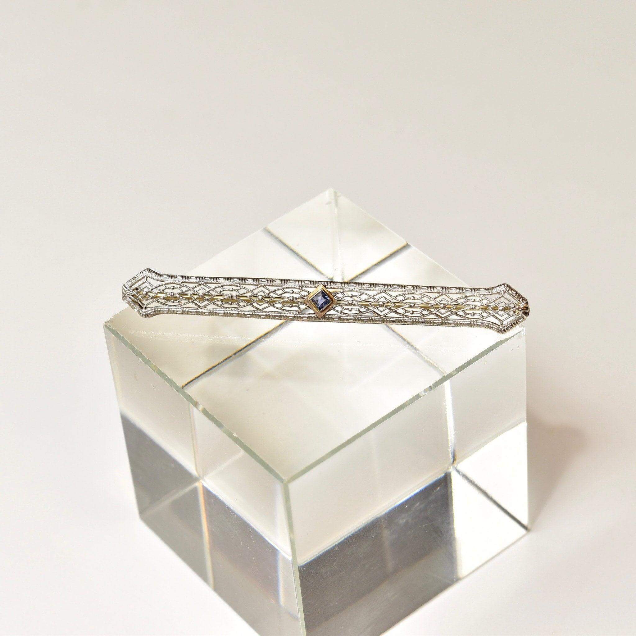 Antique Art Deco 14k White Gold Filigree Blue Topaz Bar Pin, Intricate Filigree Lattice, Yellow Gold Setting, Emerald-Cut Gemstone, 2 5/8" L - Good's Vintage