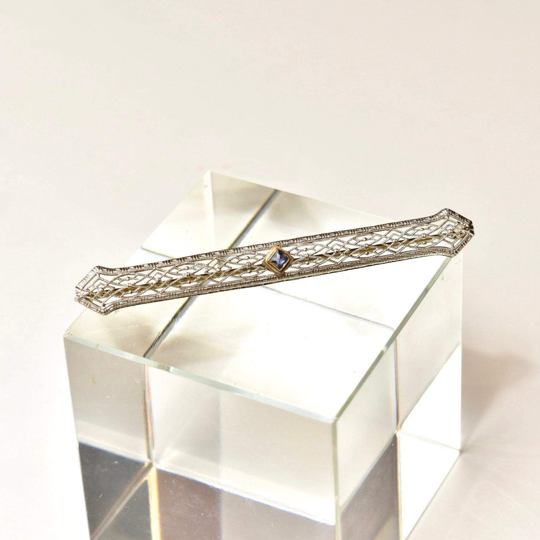 Antique Art Deco 14k White Gold Filigree Blue Topaz Bar Pin, Intricate Filigree Lattice, Yellow Gold Setting, Emerald-Cut Gemstone, 2 5/8" L - Good's Vintage
