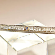 Antique Art Deco 14k White Gold Filigree Blue Topaz Bar Pin, Intricate Filigree Lattice, Yellow Gold Setting, Emerald-Cut Gemstone, 2 5/8" L - Good's Vintage