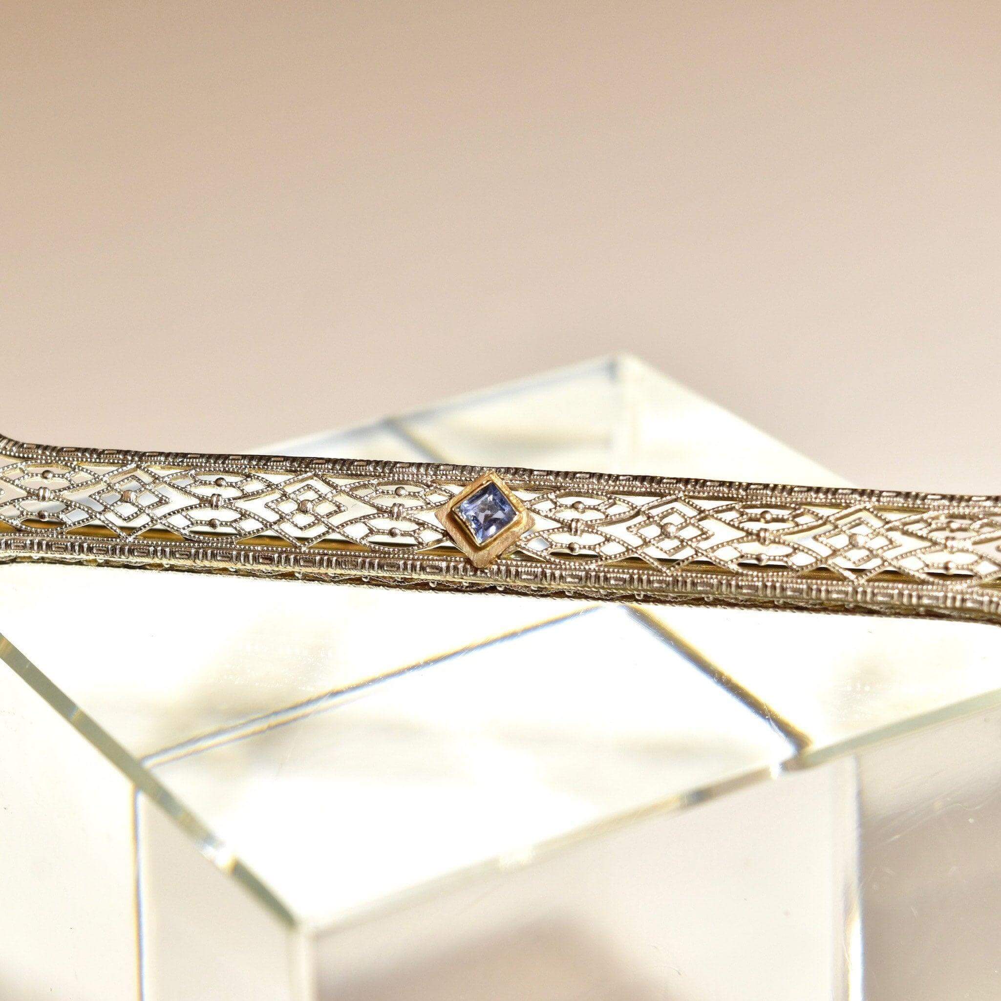 Antique Art Deco 14k White Gold Filigree Blue Topaz Bar Pin, Intricate Filigree Lattice, Yellow Gold Setting, Emerald-Cut Gemstone, 2 5/8" L - Good's Vintage