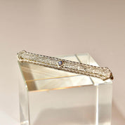 Antique Art Deco 14k White Gold Filigree Blue Topaz Bar Pin, Intricate Filigree Lattice, Yellow Gold Setting, Emerald-Cut Gemstone, 2 5/8" L - Good's Vintage