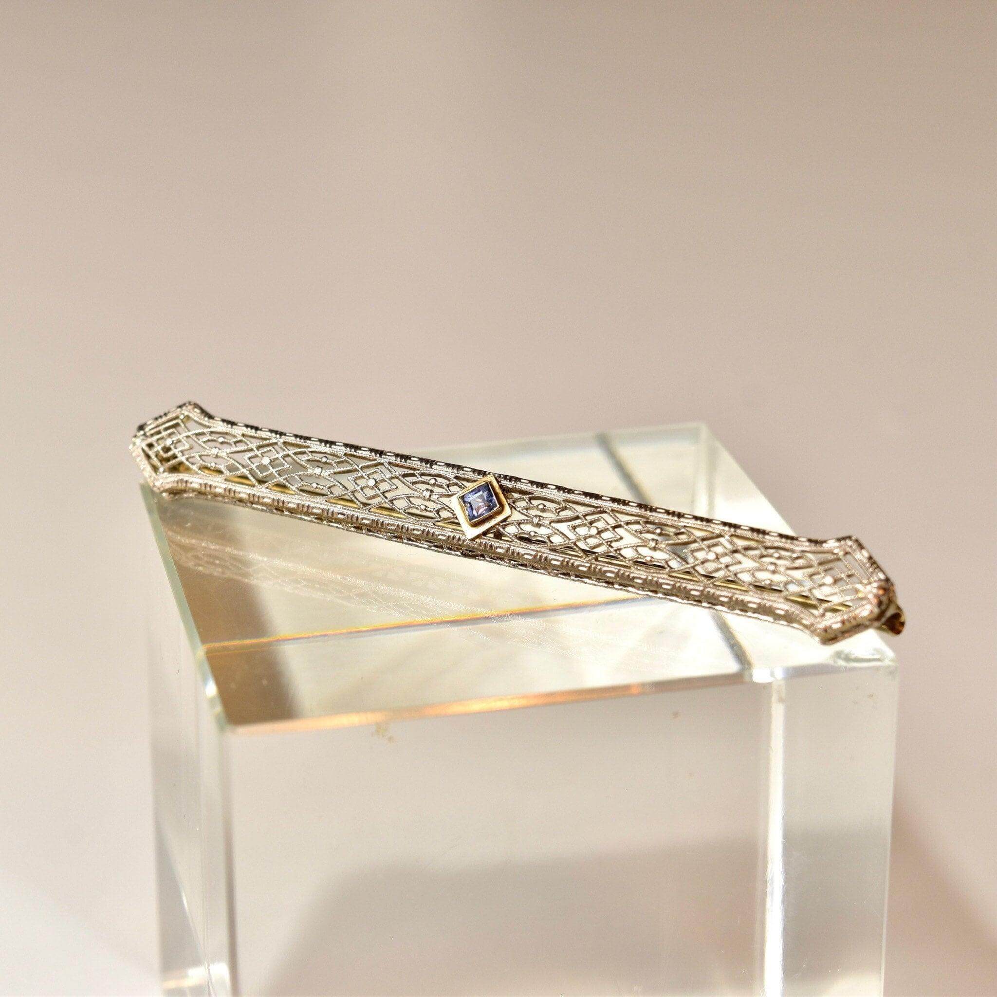 Antique Art Deco 14k White Gold Filigree Blue Topaz Bar Pin, Intricate Filigree Lattice, Yellow Gold Setting, Emerald-Cut Gemstone, 2 5/8" L - Good's Vintage