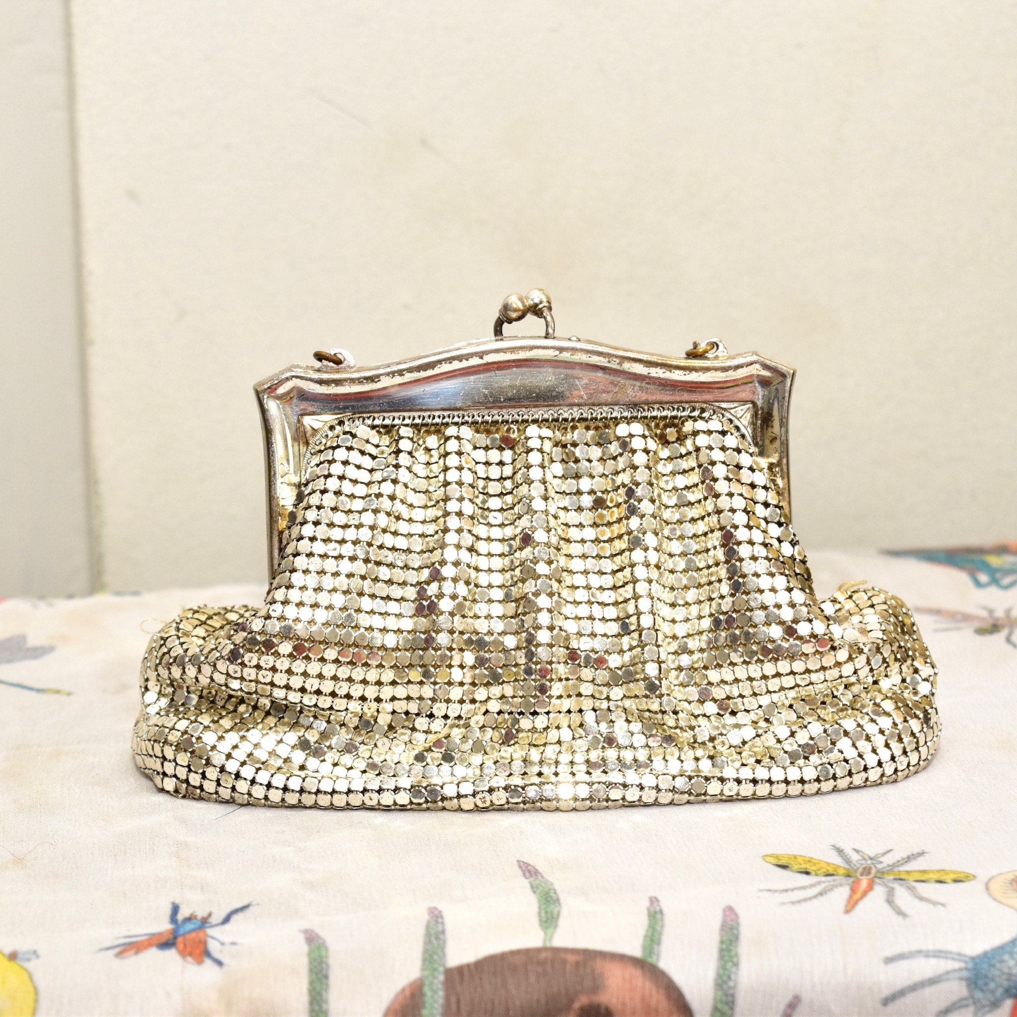 Vintage Whiting & Davis Co. Mesh Silver Evening Bag, Cute Sparkly Clutch/Coin Purse, Fancy Box Pouch, Upholstered Lining, Art Deco