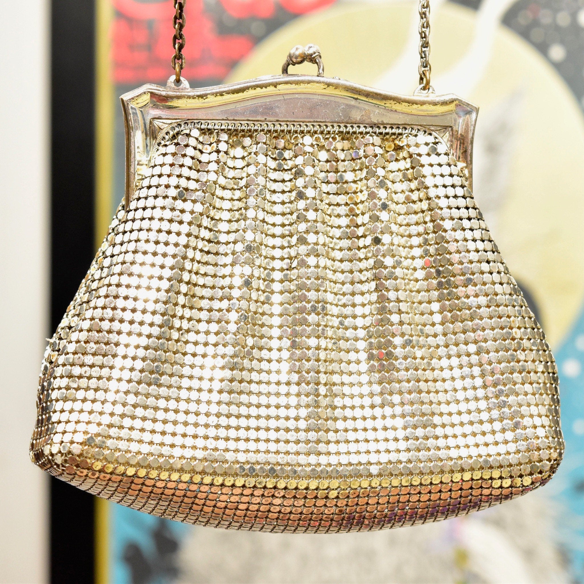 Vintage Whiting & Davis Co. Mesh Silver Evening Bag, Cute Sparkly Clutch/Coin Purse, Fancy Box Pouch, Upholstered Lining, Art Deco
