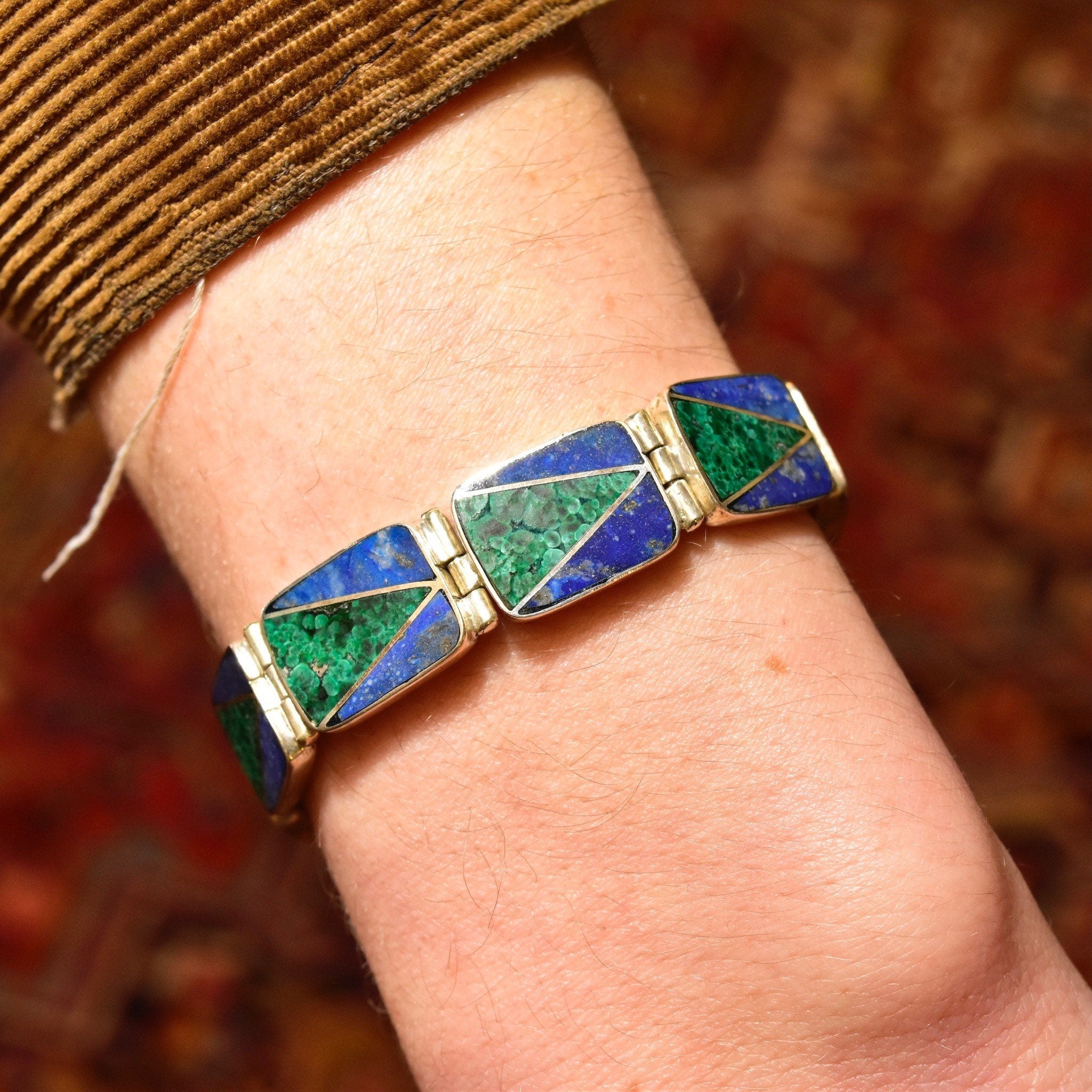 Vintage Sterling Silver Multi-Stone Link Bracelet, Geometric Malachite & Lapis Lazuli Inlay, Bohemian Modernist Bracelet, 7 1/4" L