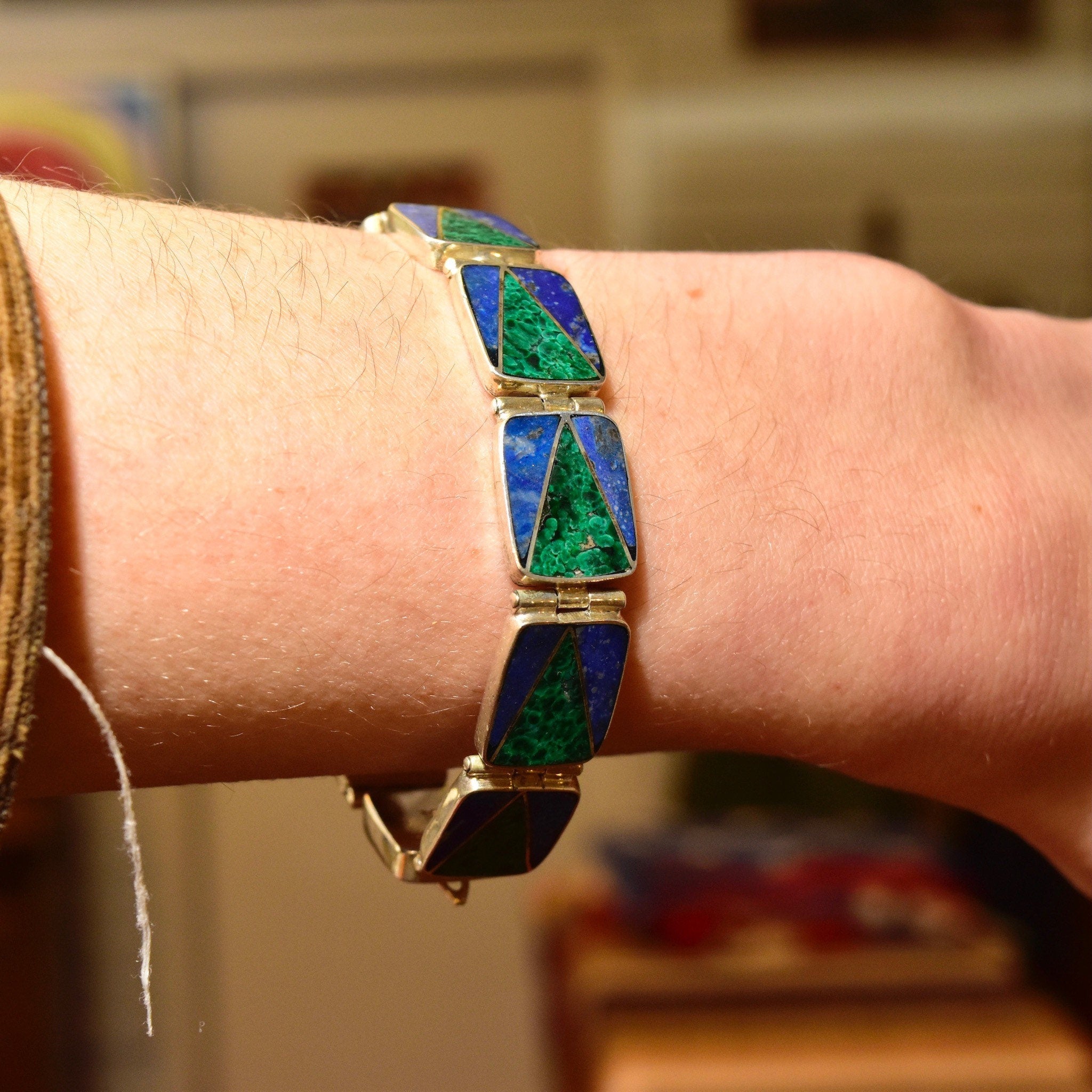 Vintage Sterling Silver Multi-Stone Link Bracelet, Geometric Malachite & Lapis Lazuli Inlay, Bohemian Modernist Bracelet, 7 1/4" L