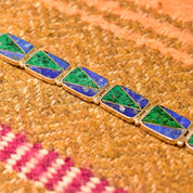 Vintage Sterling Silver Multi-Stone Link Bracelet, Geometric Malachite & Lapis Lazuli Inlay, Bohemian Modernist Bracelet, 7 1/4" L