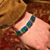 Vintage Sterling Silver Multi-Stone Link Bracelet, Geometric Malachite & Lapis Lazuli Inlay, Bohemian Modernist Bracelet, 7 1/4" L