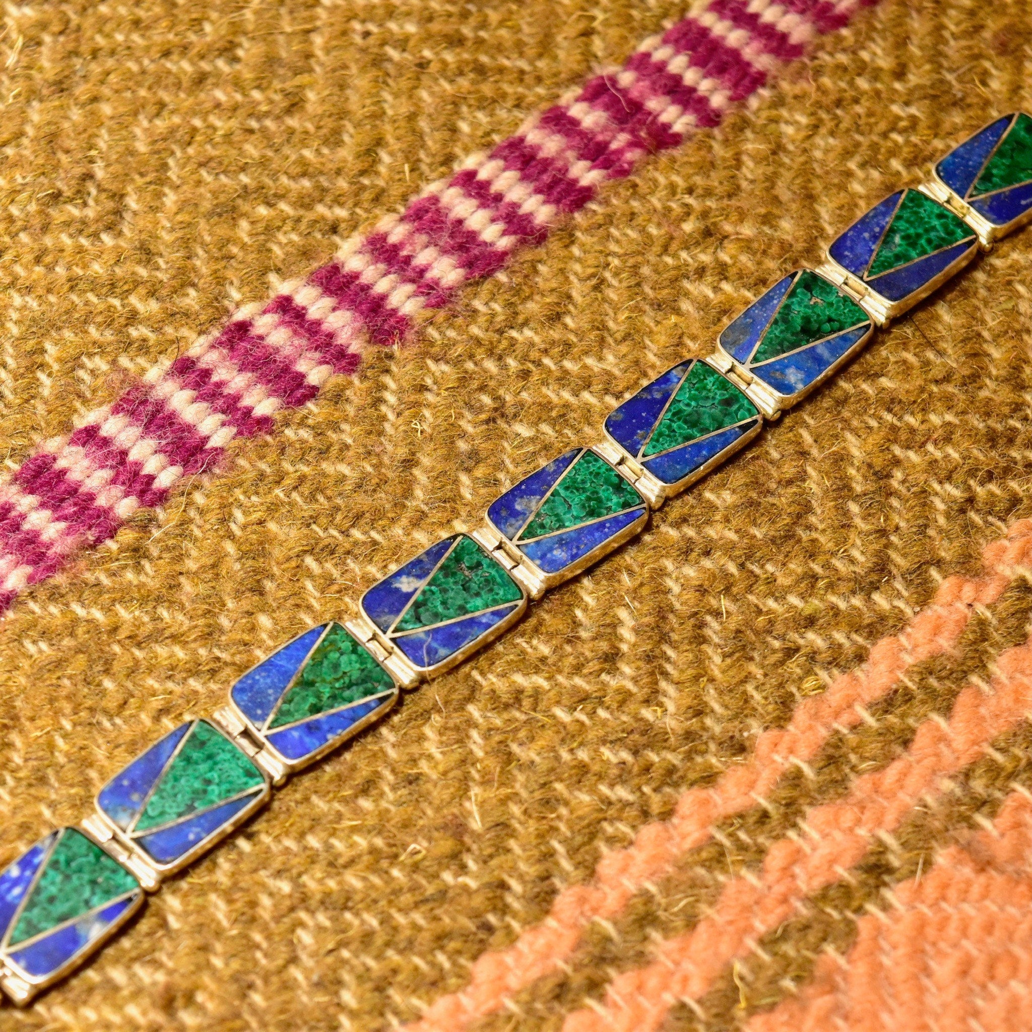 Vintage Sterling Silver Multi-Stone Link Bracelet, Geometric Malachite & Lapis Lazuli Inlay, Bohemian Modernist Bracelet, 7 1/4" L