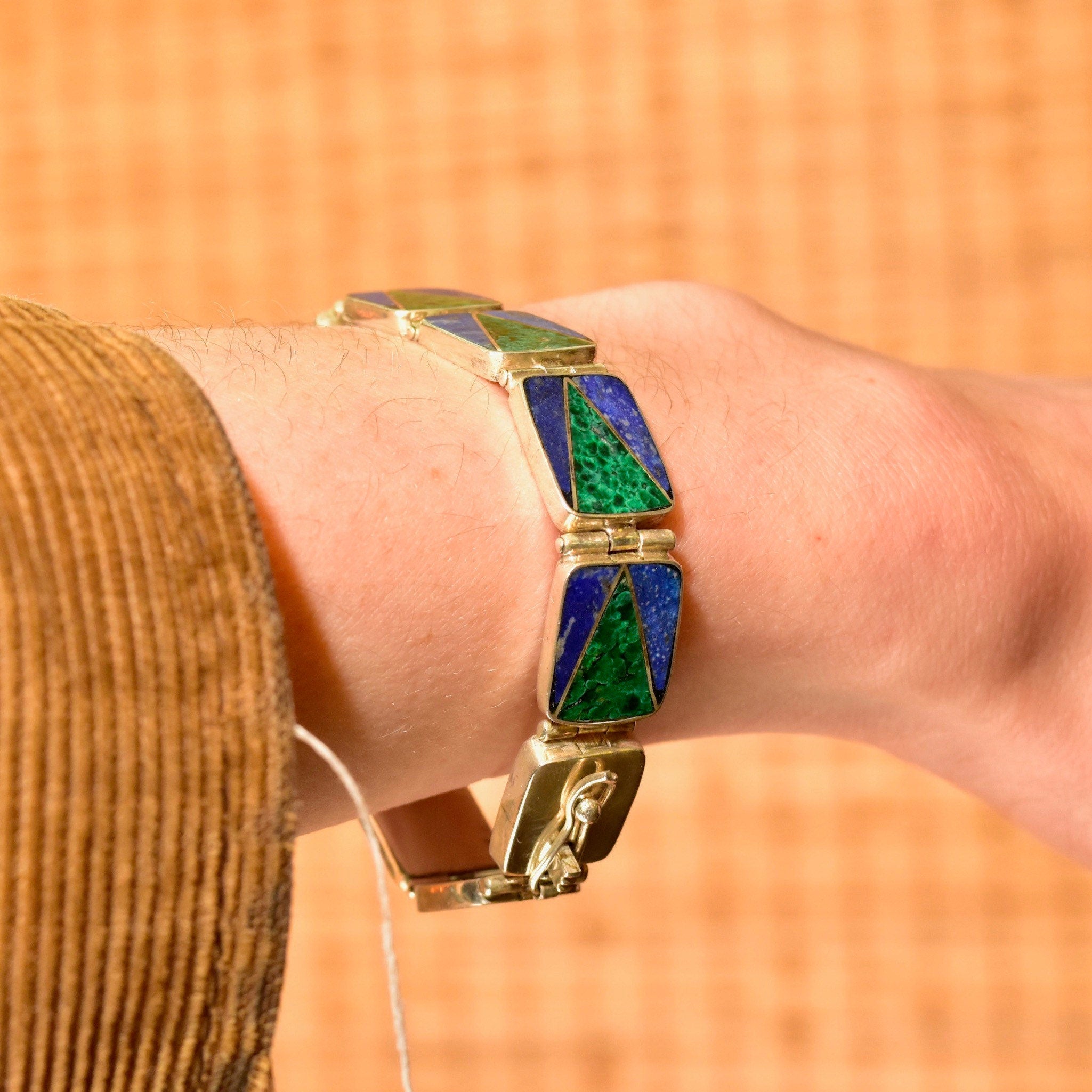 Vintage Sterling Silver Multi-Stone Link Bracelet, Geometric Malachite & Lapis Lazuli Inlay, Bohemian Modernist Bracelet, 7 1/4" L