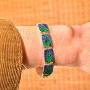 Vintage Sterling Silver Multi-Stone Link Bracelet, Geometric Malachite & Lapis Lazuli Inlay, Bohemian Modernist Bracelet, 7 1/4" L