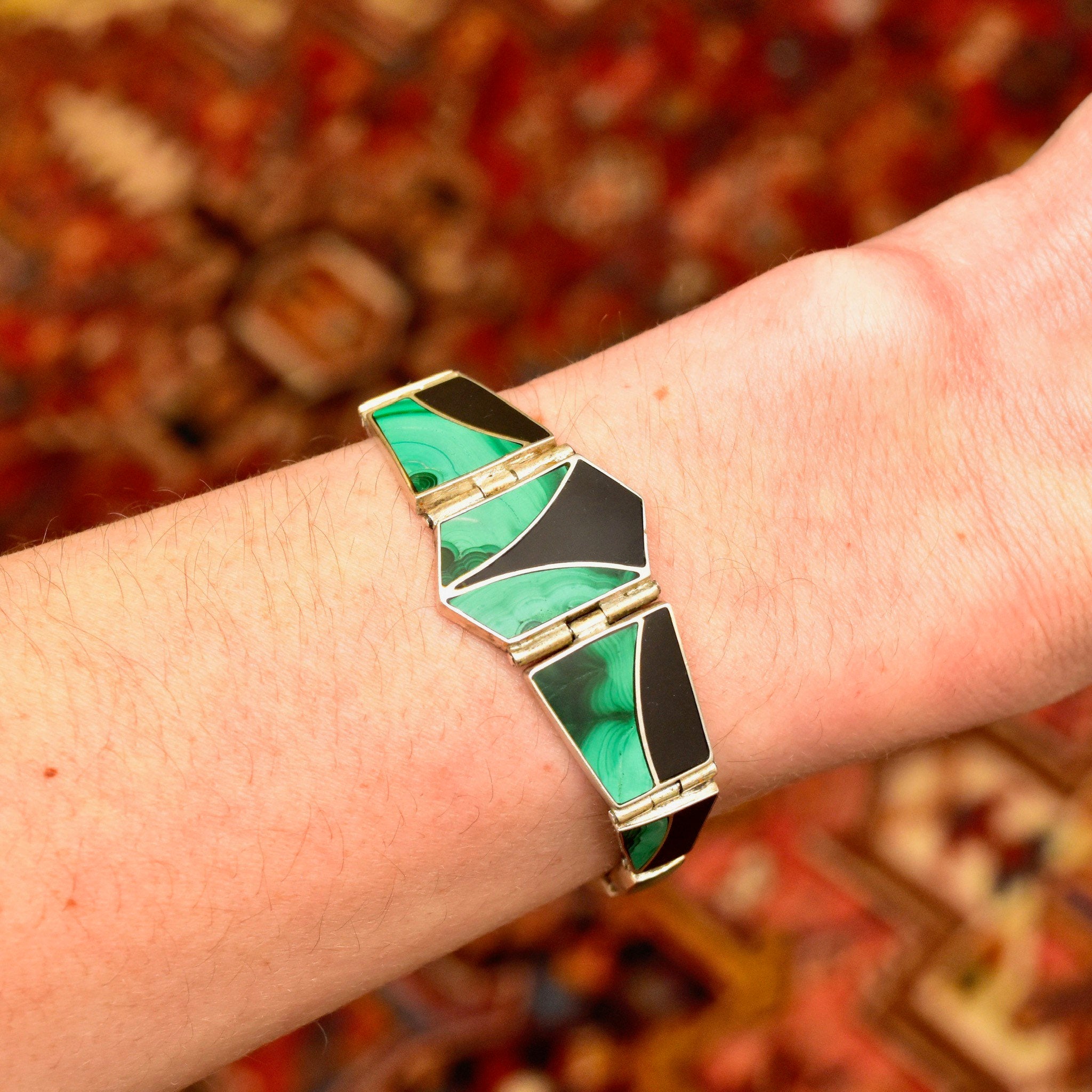 Vintage Sterling Silver Multi-Stone Inlay Bracelet, Geometric Black Onyx & Green Malachite Links, Bohemian Modernist Bracelet, 7 3/4" L