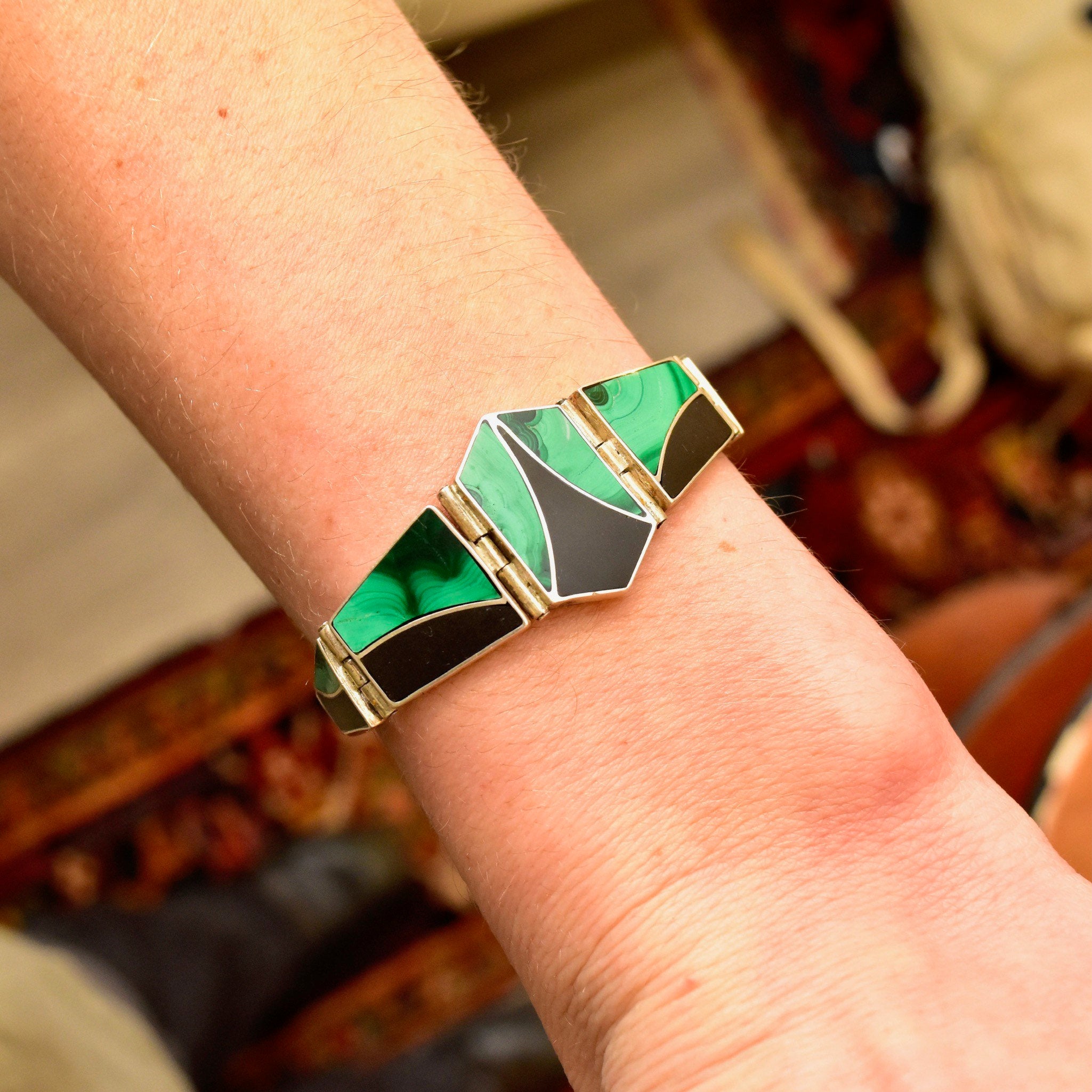 Vintage Sterling Silver Multi-Stone Inlay Bracelet, Geometric Black Onyx & Green Malachite Links, Bohemian Modernist Bracelet, 7 3/4" L