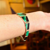 Vintage Sterling Silver Multi-Stone Inlay Bracelet, Geometric Black Onyx & Green Malachite Links, Bohemian Modernist Bracelet, 7 3/4" L