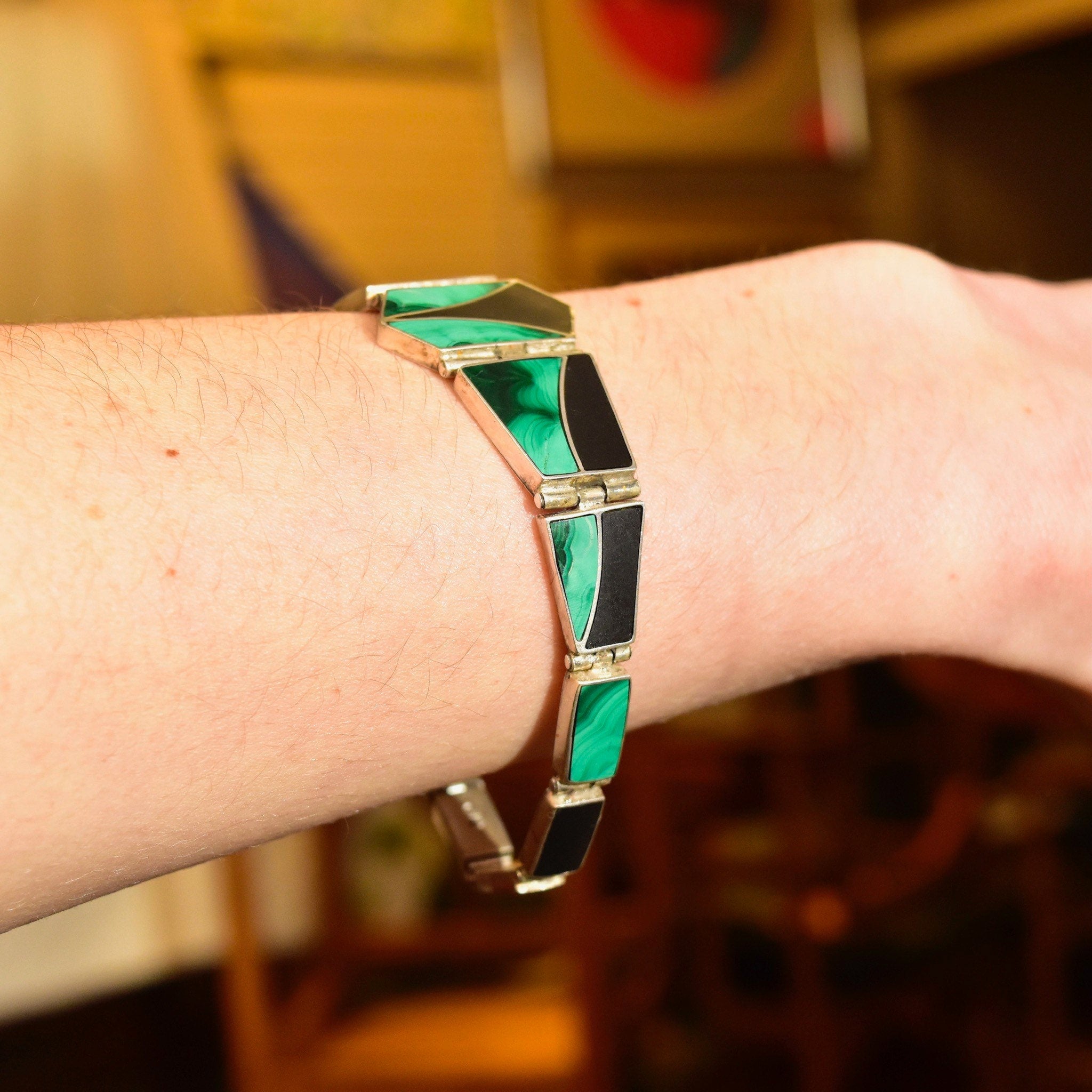Vintage Sterling Silver Multi-Stone Inlay Bracelet, Geometric Black Onyx & Green Malachite Links, Bohemian Modernist Bracelet, 7 3/4" L