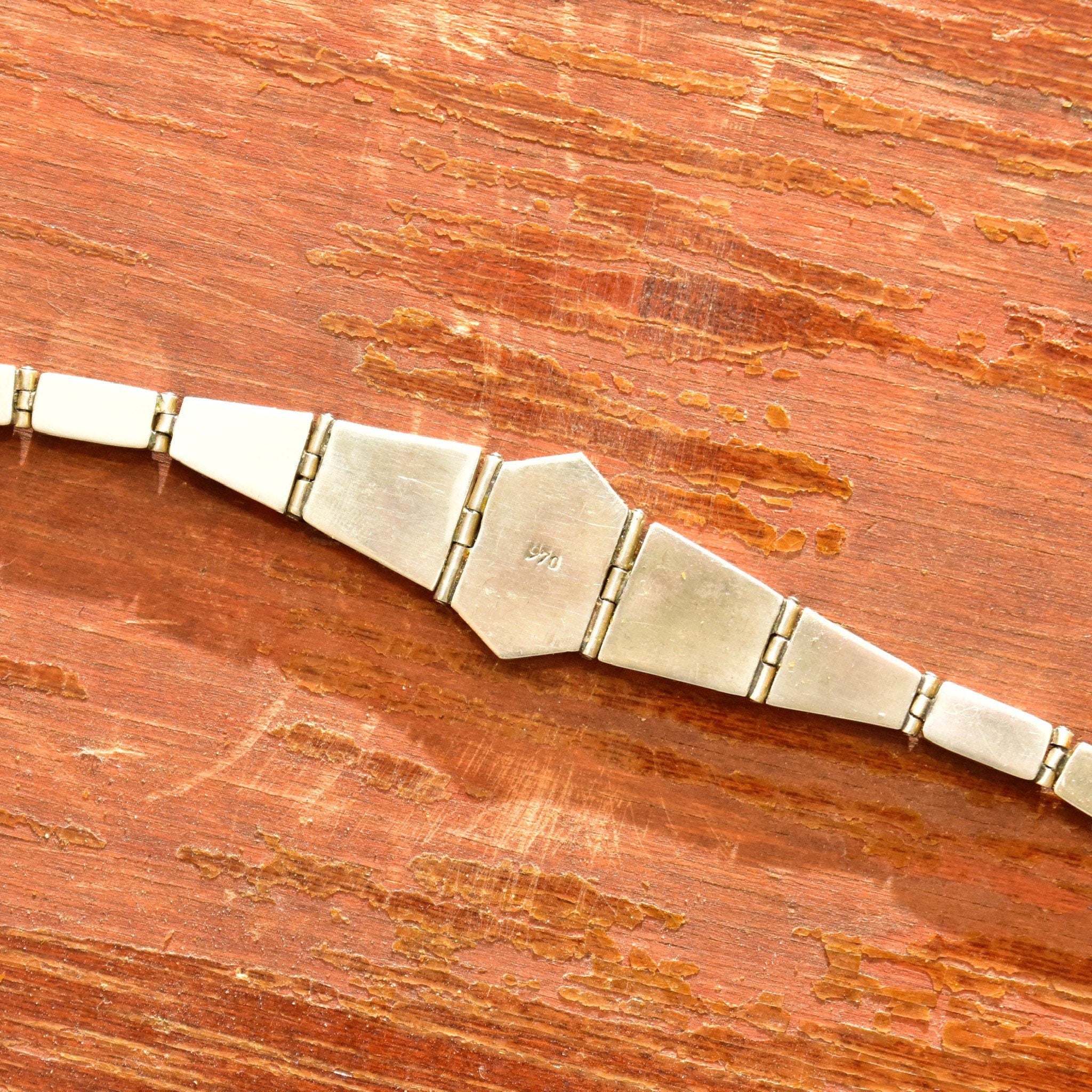 Vintage Sterling Silver Multi-Stone Inlay Bracelet, Geometric Black Onyx & Green Malachite Links, Bohemian Modernist Bracelet, 7 3/4" L