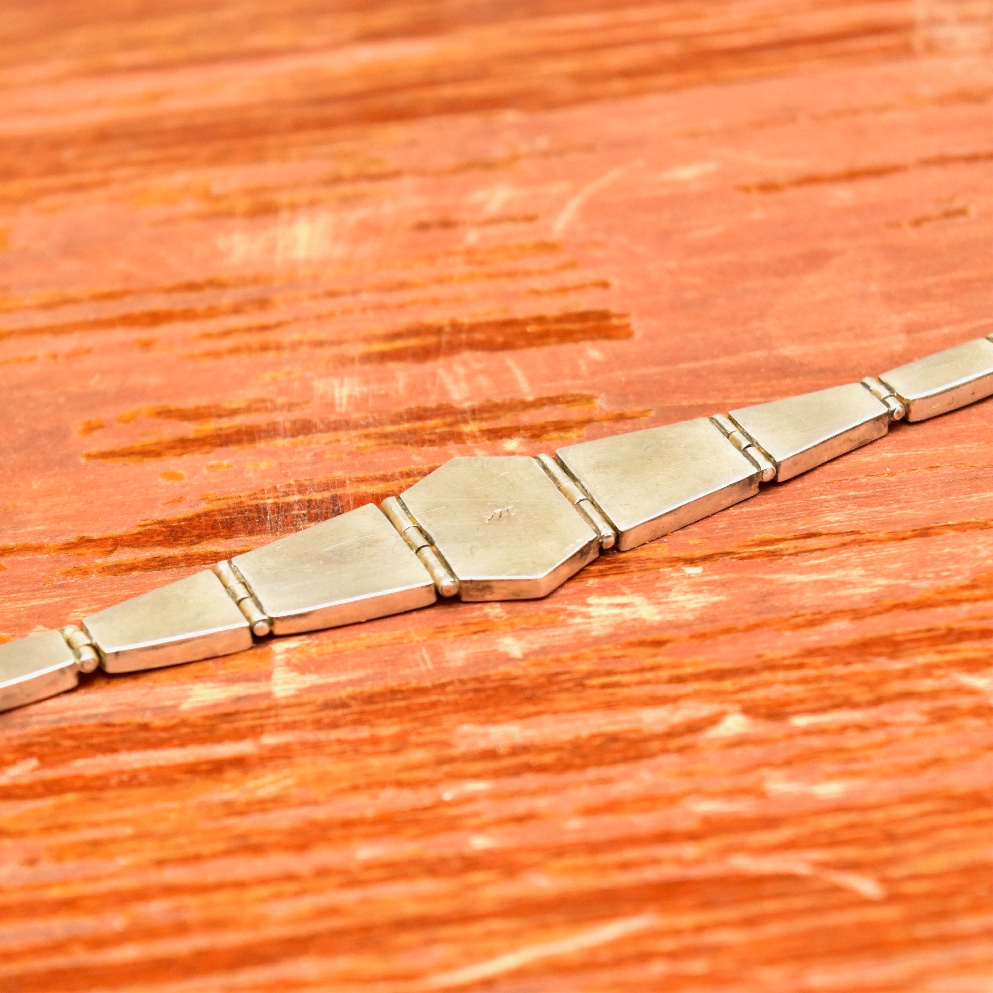 Vintage Sterling Silver Multi-Stone Inlay Bracelet, Geometric Black Onyx & Green Malachite Links, Bohemian Modernist Bracelet, 7 3/4" L