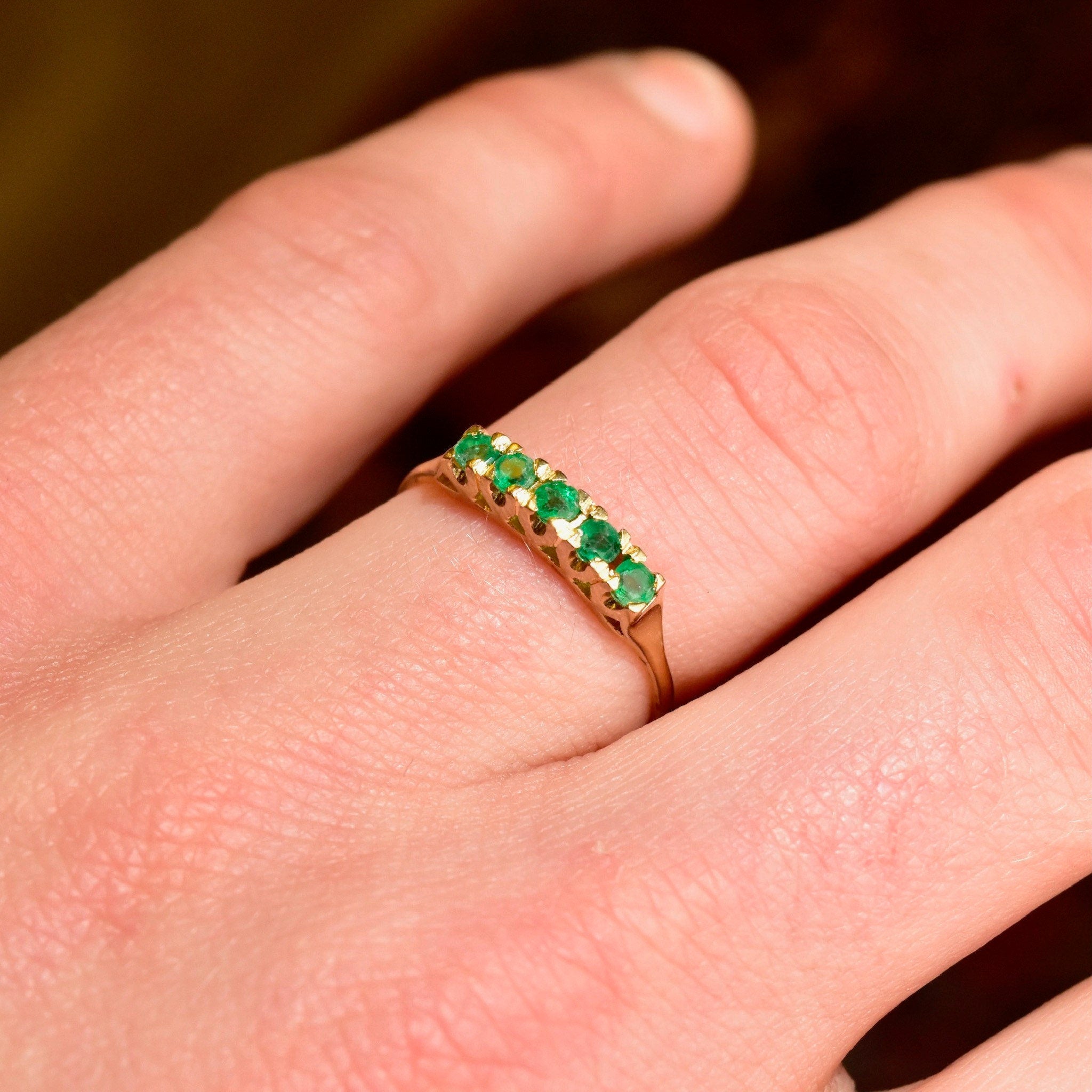 Vintage 14K Gold Emerald Half Eternity Ring, Round-Cut Gemstones, Yellow Gold Band, Anniversary/Wedding Ring, Size 7 1/2 US