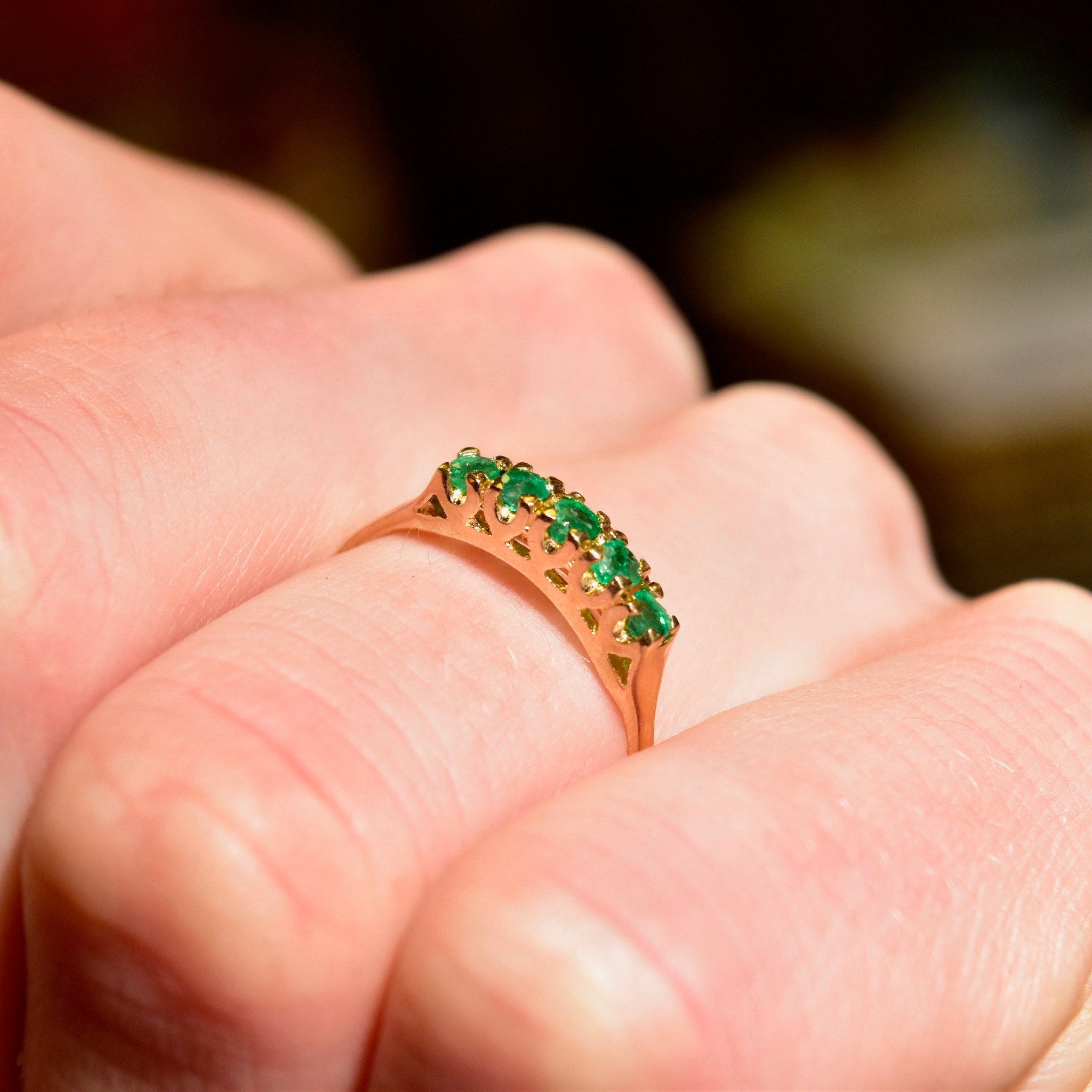 Vintage 14K Gold Emerald Half Eternity Ring, Round-Cut Gemstones, Yellow Gold Band, Anniversary/Wedding Ring, Size 7 1/2 US