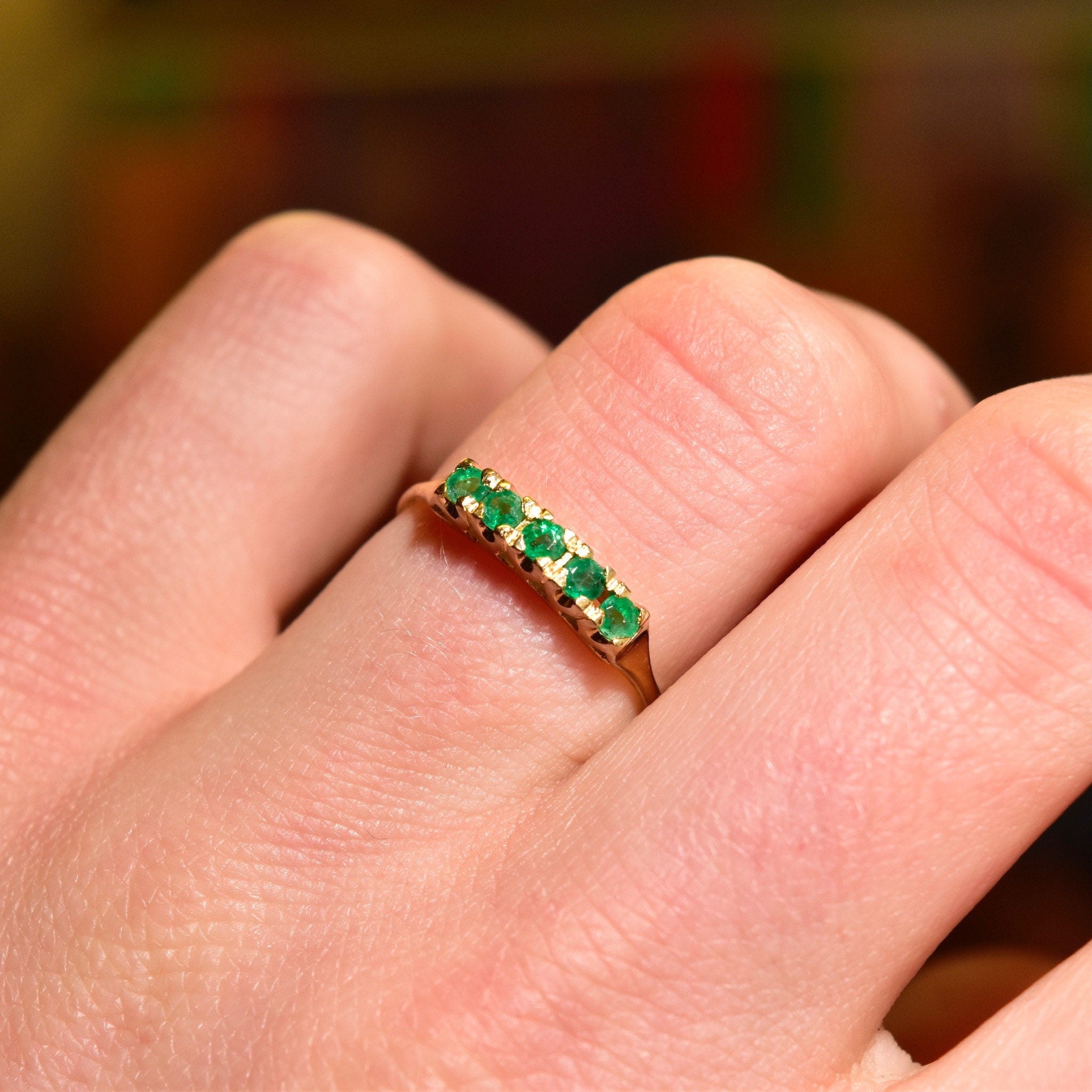Vintage 14K Gold Emerald Half Eternity Ring, Round-Cut Gemstones, Yellow Gold Band, Anniversary/Wedding Ring, Size 7 1/2 US