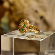 14K Emerald Diamond Cluster Dome Ring, Yellow Gold Gemstone Flower Cocktail Ring, Size 7 1/2 US
