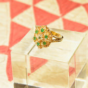 14K Emerald Diamond Cluster Dome Ring, Yellow Gold Gemstone Flower Cocktail Ring, Size 7 1/2 US