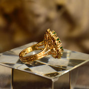 14K Emerald Diamond Cluster Dome Ring, Yellow Gold Gemstone Flower Cocktail Ring, Size 7 1/2 US