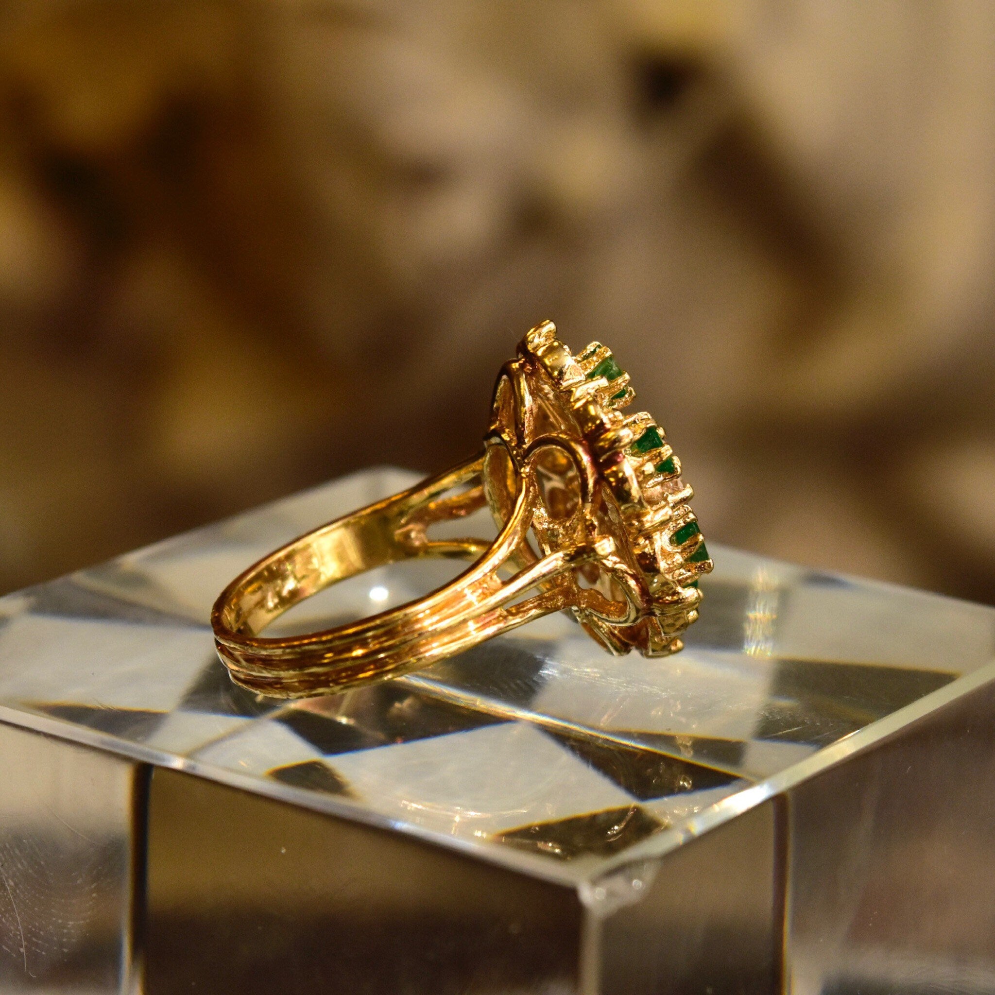 14K Emerald Diamond Cluster Dome Ring, Yellow Gold Gemstone Flower Cocktail Ring, Size 7 1/2 US